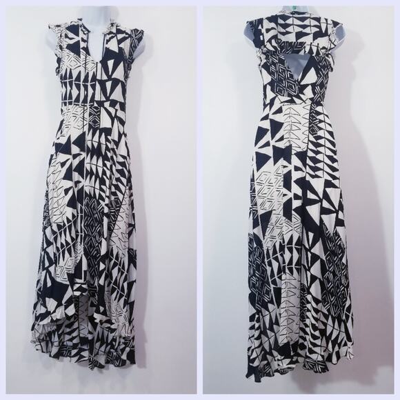 Plenty by Tracy Reese Geometric Print  Maxi Dress High Low Ruffle Keyhole Back - Picture 1 of 15
